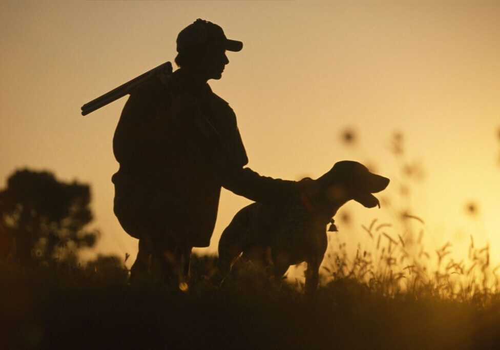 Silhouetted hunter and dog at sunset.